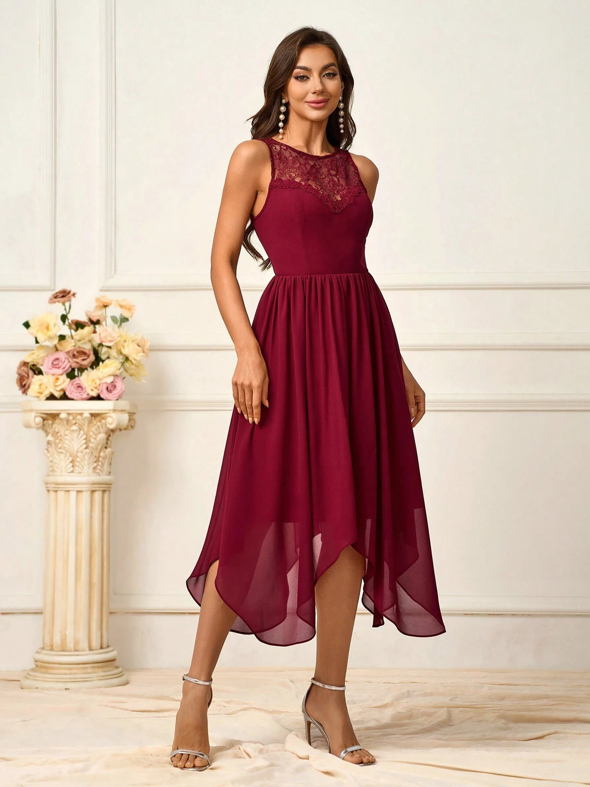 Elegant, Romantic And Elegant Purple Round Neck Lace Splicing Asymmetrical Irregular Hem Backless Design High Waist A-Shaped Umbrella Skirt Vacation Outdoor Wedding Bridesmaid Dress