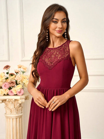 Elegant, Romantic And Elegant Purple Round Neck Lace Splicing Asymmetrical Irregular Hem Backless Design High Waist A-Shaped Umbrella Skirt Vacation Outdoor Wedding Bridesmaid Dress