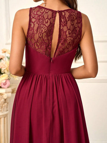 Elegant, Romantic And Elegant Purple Round Neck Lace Splicing Asymmetrical Irregular Hem Backless Design High Waist A-Shaped Umbrella Skirt Vacation Outdoor Wedding Bridesmaid Dress