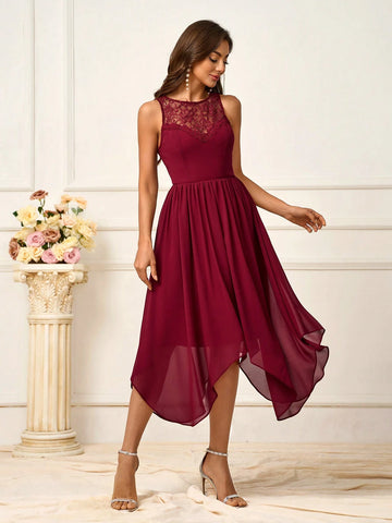 Elegant, Romantic And Elegant Purple Round Neck Lace Splicing Asymmetrical Irregular Hem Backless Design High Waist A-Shaped Umbrella Skirt Vacation Outdoor Wedding Bridesmaid Dress