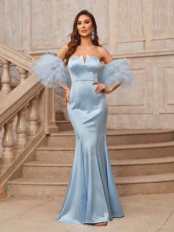 Elegant Romantic And Noble Blue Satin V-Neck Wrapped Chest, Multi-Layered  Ramadan Dinner And Dance Ladies Formal Party Prom Gown Homecoming Dresses Plus Blue Prom Dress