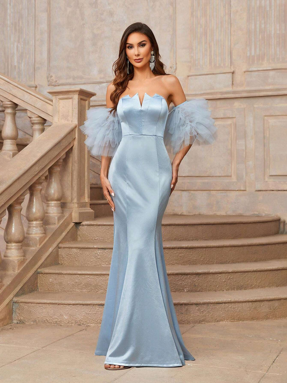 Elegant Romantic And Noble Blue Satin V-Neck Wrapped Chest, Multi-Layered  Ramadan Dinner And Dance Ladies Formal Party Prom Gown Homecoming Dresses Plus Blue Prom Dress