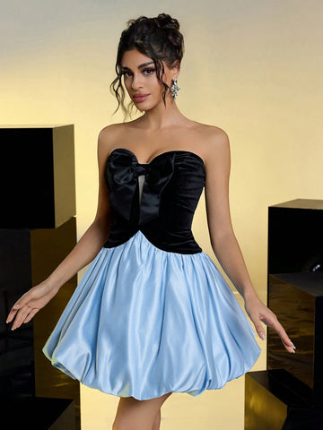 Elegant, Romantic, Black, Blue, Satin, Splicing, Strapless, Tube Top, Big Bow, Bud Skirt, Birthday, Party, Prom Dress