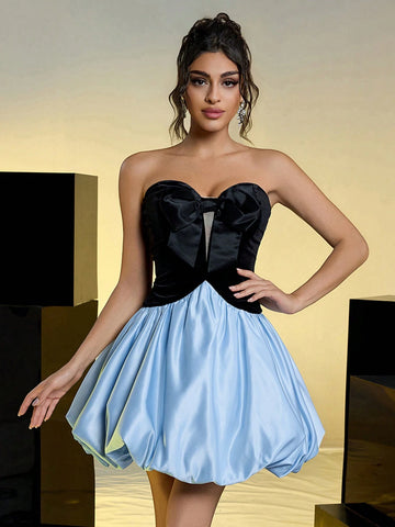 Elegant, Romantic, Black, Blue, Satin, Splicing, Strapless, Tube Top, Big Bow, Bud Skirt, Birthday, Party, Prom Dress