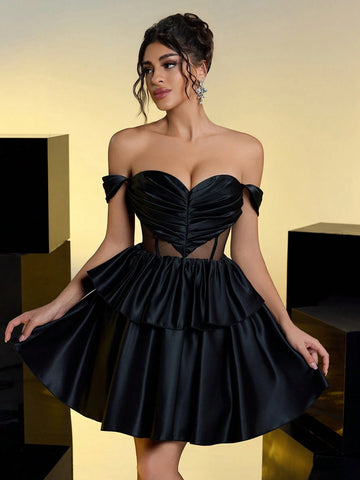 Elegant Romantic Black Heart-Shaped Double Layered Ruffle Waist Bandeau Party Gown