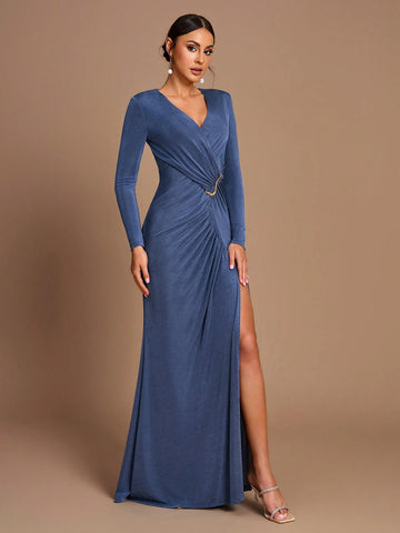 Elegant Romantic Blue Ruched Waist Bodycon Long Sleeve Knit Fishtail Slit Bridesmaid Dress
