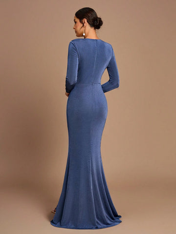 Elegant Romantic Blue Ruched Waist Bodycon Long Sleeve Knit Fishtail Slit Bridesmaid Dress