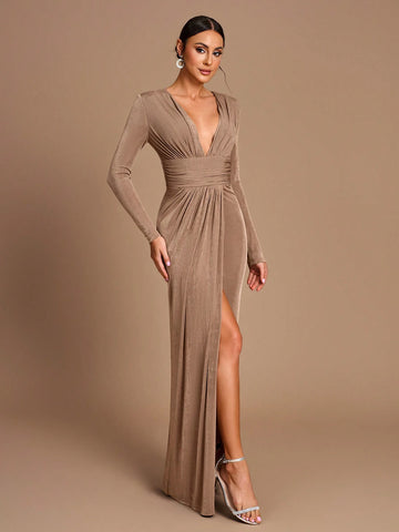Elegant, Romantic, Brown, Knitted Stretch Fabric, Pleated Waist, Front Slit, Long Sleeves, Birthday Party, Bridesmaid Dress