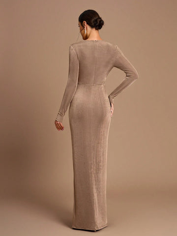 Elegant, Romantic, Brown, Knitted Stretch Fabric, Pleated Waist, Front Slit, Long Sleeves, Birthday Party, Bridesmaid Dress