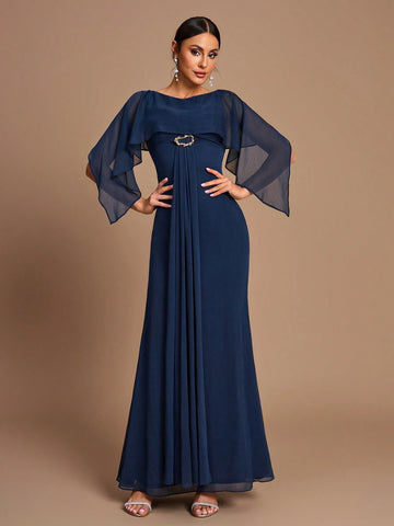 Elegant, Romantic, Dignified, Navy, Chiffon, Shawl, Metal Buckle, Fishtail, Slim Fit, Wedding Event, Birthday Party, Bridesmaid Dress