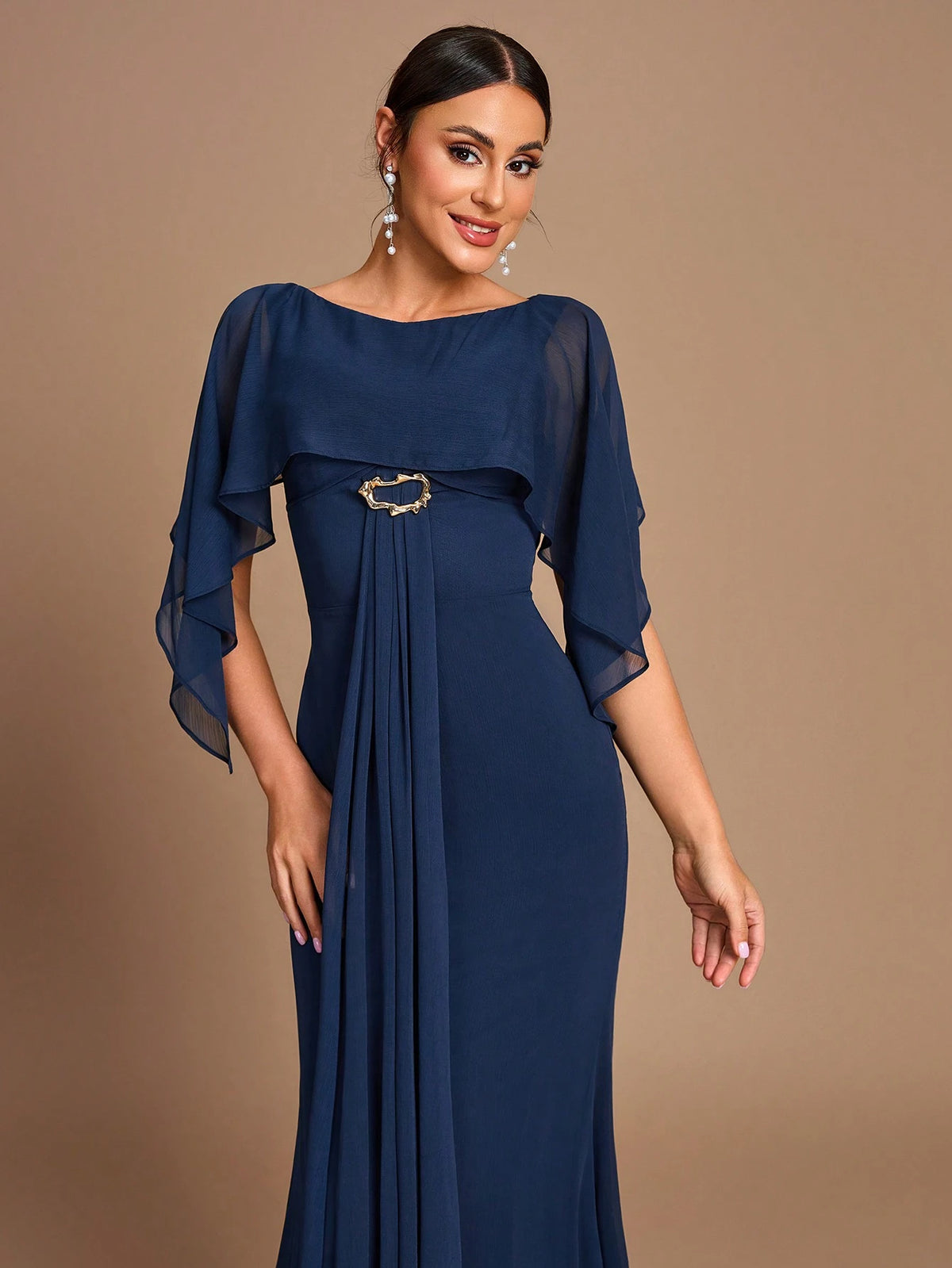 Elegant, Romantic, Dignified, Navy, Chiffon, Shawl, Metal Buckle, Fishtail, Slim Fit, Wedding Event, Birthday Party, Bridesmaid Dress