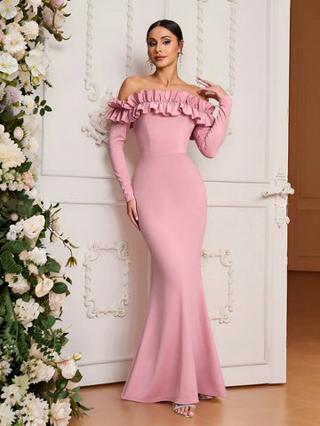 Elegant, Romantic, Dignified, Pink Knitted Elastic, One Shoulder, Long Sleeves, Three-Dimensional Ruffles, Fishtail, Bridesmaid Dress