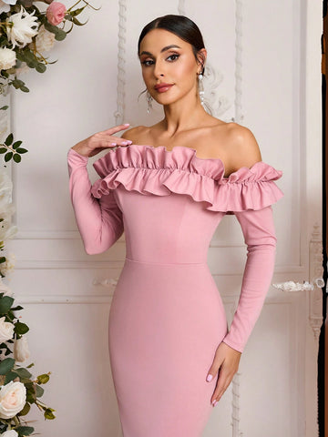 Elegant, Romantic, Dignified, Pink Knitted Elastic, One Shoulder, Long Sleeves, Three-Dimensional Ruffles, Fishtail, Bridesmaid Dress