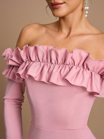 Elegant, Romantic, Dignified, Pink Knitted Elastic, One Shoulder, Long Sleeves, Three-Dimensional Ruffles, Fishtail, Bridesmaid Dress