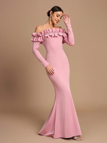 Elegant, Romantic, Dignified, Pink Knitted Elastic, One Shoulder, Long Sleeves, Three-Dimensional Ruffles, Fishtail, Bridesmaid Dress