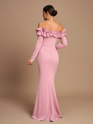 Elegant, Romantic, Dignified, Pink Knitted Elastic, One Shoulder, Long Sleeves, Three-Dimensional Ruffles, Fishtail, Bridesmaid Dress