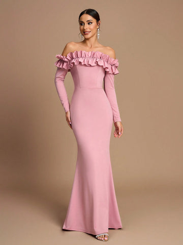 Elegant, Romantic, Dignified, Pink Knitted Elastic, One Shoulder, Long Sleeves, Three-Dimensional Ruffles, Fishtail, Bridesmaid Dress