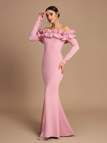 Elegant, Romantic, Dignified, Pink Knitted Elastic, One Shoulder, Long Sleeves, Three-Dimensional Ruffles, Fishtail, Bridesmaid Dress