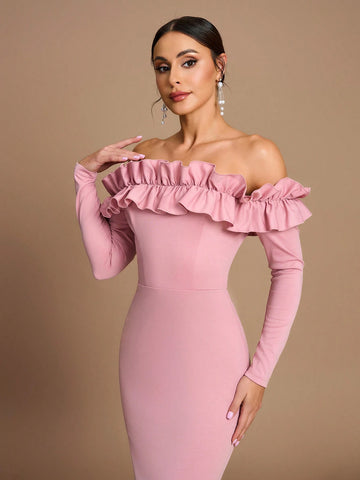 Elegant, Romantic, Dignified, Pink Knitted Elastic, One Shoulder, Long Sleeves, Three-Dimensional Ruffles, Fishtail, Bridesmaid Dress