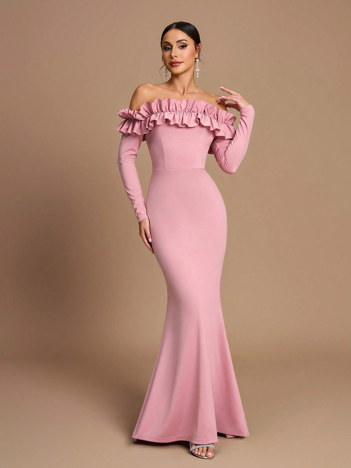 Elegant, Romantic, Dignified, Pink Knitted Elastic, One Shoulder, Long Sleeves, Three-Dimensional Ruffles, Fishtail, Bridesmaid Dress
