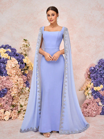 Elegant, Romantic, Dignified, Retro, Blue, Knitted Stretch Fabric, Square Neck, Shawl, Floating Sleeves, Glitter Lace Decoration, Fishtail Shape, Bridesmaid Dress