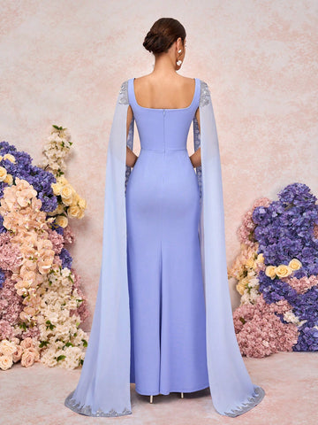 Elegant, Romantic, Dignified, Retro, Blue, Knitted Stretch Fabric, Square Neck, Shawl, Floating Sleeves, Glitter Lace Decoration, Fishtail Shape, Bridesmaid Dress