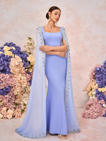 Elegant, Romantic, Dignified, Retro, Blue, Knitted Stretch Fabric, Square Neck, Shawl, Floating Sleeves, Glitter Lace Decoration, Fishtail Shape, Bridesmaid Dress