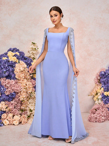 Elegant, Romantic, Dignified, Retro, Blue, Knitted Stretch Fabric, Square Neck, Shawl, Floating Sleeves, Glitter Lace Decoration, Fishtail Shape, Bridesmaid Dress