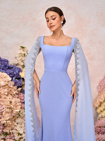 Elegant, Romantic, Dignified, Retro, Blue, Knitted Stretch Fabric, Square Neck, Shawl, Floating Sleeves, Glitter Lace Decoration, Fishtail Shape, Bridesmaid Dress
