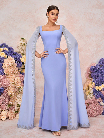 Elegant, Romantic, Dignified, Retro, Blue, Knitted Stretch Fabric, Square Neck, Shawl, Floating Sleeves, Glitter Lace Decoration, Fishtail Shape, Bridesmaid Dress