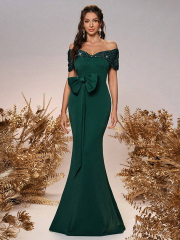 Elegant, Romantic, Green Knitted Fabric, Off-Shoulder, Sequined One-Shoulder, Three-Dimensional Bow Decoration On The Waist, Waist-Cinching Fishtail Bridesmaid Dress