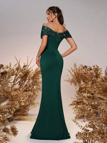 Elegant, Romantic, Green Knitted Fabric, Off-Shoulder, Sequined One-Shoulder, Three-Dimensional Bow Decoration On The Waist, Waist-Cinching Fishtail Bridesmaid Dress