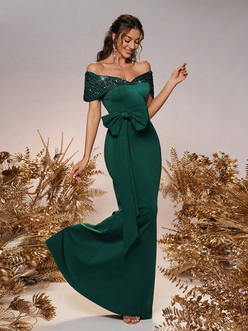 Elegant, Romantic, Green Knitted Fabric, Off-Shoulder, Sequined One-Shoulder, Three-Dimensional Bow Decoration On The Waist, Waist-Cinching Fishtail Bridesmaid Dress