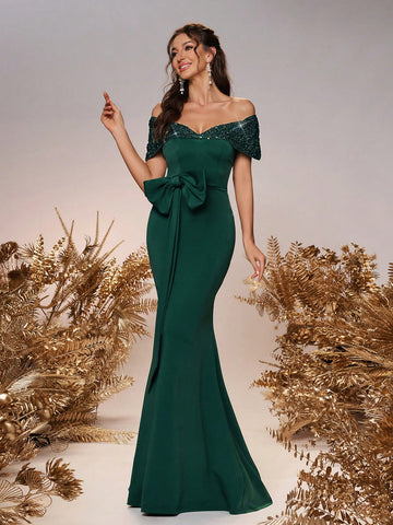 Elegant, Romantic, Green Knitted Fabric, Off-Shoulder, Sequined One-Shoulder, Three-Dimensional Bow Decoration On The Waist, Waist-Cinching Fishtail Bridesmaid Dress