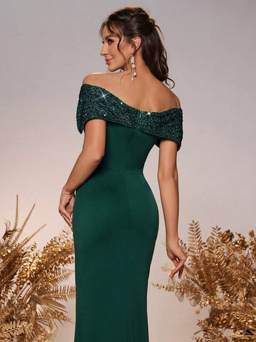 Elegant, Romantic, Green Knitted Fabric, Off-Shoulder, Sequined One-Shoulder, Three-Dimensional Bow Decoration On The Waist, Waist-Cinching Fishtail Bridesmaid Dress