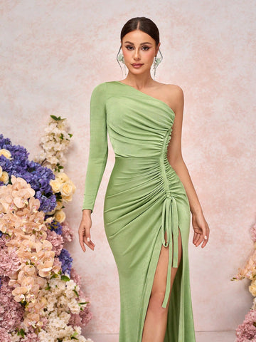 Elegant, Romantic, Green, Knitted Stretch Fabric, Asymmetrical Neckline, Off-Shoulder, Long Sleeves, Smocked Design, Front Slit, Fishtail Shape, Birthday Party, Vacation, Bridesmaid Dress