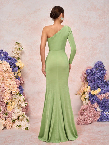 Elegant, Romantic, Green, Knitted Stretch Fabric, Asymmetrical Neckline, Off-Shoulder, Long Sleeves, Smocked Design, Front Slit, Fishtail Shape, Birthday Party, Vacation, Bridesmaid Dress