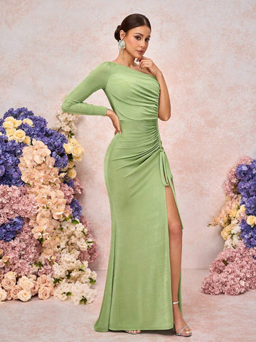 Elegant, Romantic, Green, Knitted Stretch Fabric, Asymmetrical Neckline, Off-Shoulder, Long Sleeves, Smocked Design, Front Slit, Fishtail Shape, Birthday Party, Vacation, Bridesmaid Dress