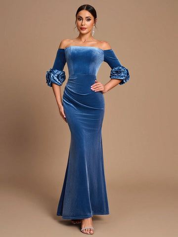 Elegant Romantic Light Blue Mid-Length Sleeves Three-Dimensional Flower Velvet Fishtail Bridesmaid Dress