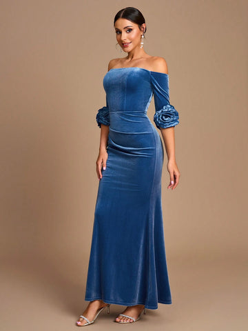 Elegant Romantic Light Blue Mid-Length Sleeves Three-Dimensional Flower Velvet Fishtail Bridesmaid Dress