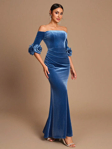 Elegant Romantic Light Blue Mid-Length Sleeves Three-Dimensional Flower Velvet Fishtail Bridesmaid Dress
