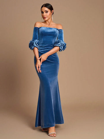 Elegant Romantic Light Blue Mid-Length Sleeves Three-Dimensional Flower Velvet Fishtail Bridesmaid Dress