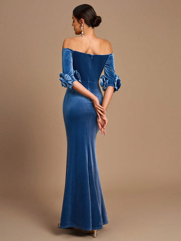 Elegant Romantic Light Blue Mid-Length Sleeves Three-Dimensional Flower Velvet Fishtail Bridesmaid Dress