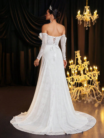 Elegant Romantic Off-Shoulder Bowknot Sleeve Design Flared Sleeve Wedding Dress With Train And Tie Back, Suitable For Wedding Occasions