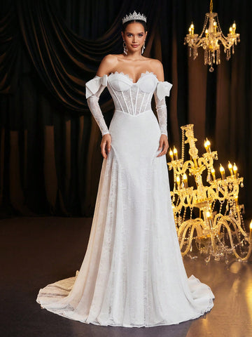 Elegant Romantic Off-Shoulder Bowknot Sleeve Design Flared Sleeve Wedding Dress With Train And Tie Back, Suitable For Wedding Occasions