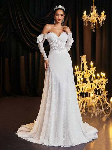 Elegant Romantic Off-Shoulder Bowknot Sleeve Design Flared Sleeve Wedding Dress With Train And Tie Back, Suitable For Wedding Occasions