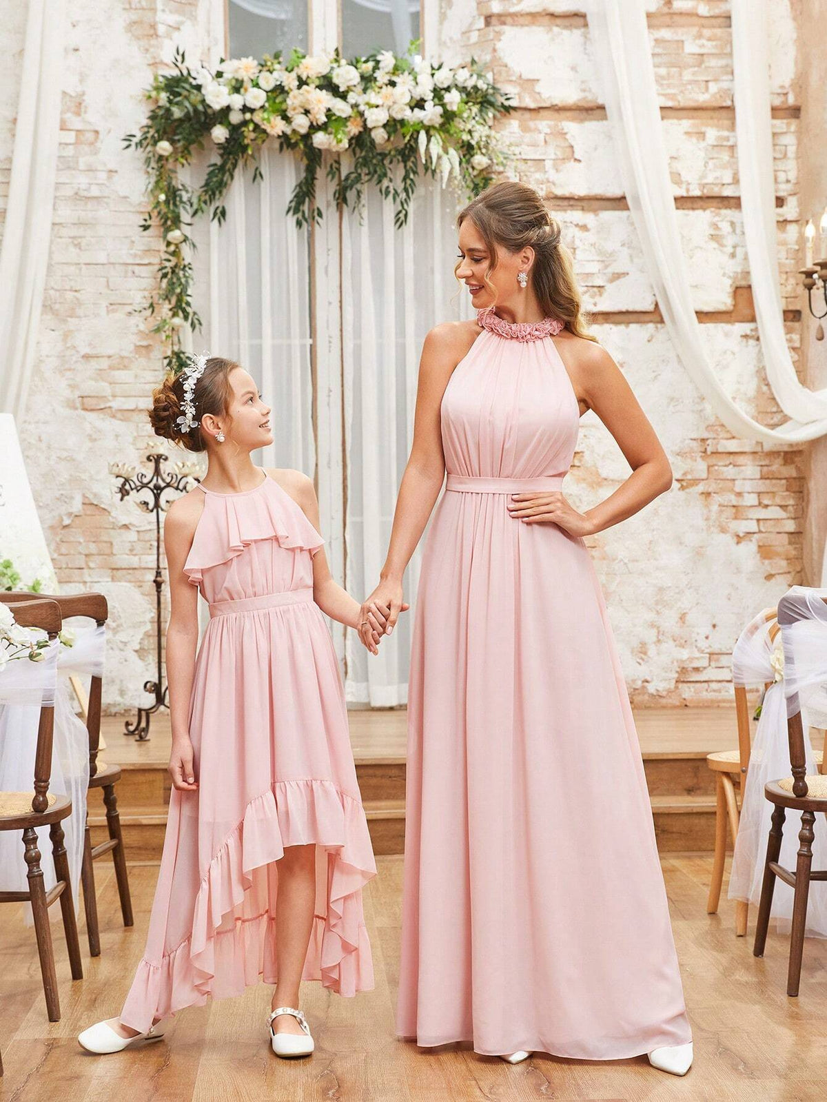Elegant Romantic Pink Hanging Neck Standing Neck Wooden Ear Trimmed Top Pleated Bust Cup Waist Section High Waisted Skinny Large A Swing Wedding Event Vacation Dating Wedding Event Parent-Child Dresses Bridesmaid Dresses