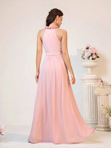 Elegant Romantic Pink Hanging Neck Standing Neck Wooden Ear Trimmed Top Pleated Bust Cup Waist Section High Waisted Skinny Large A Swing Wedding Event Vacation Dating Wedding Event Parent-Child Dresses Bridesmaid Dresses