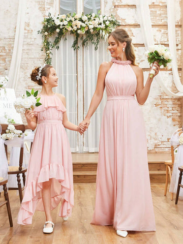 Elegant Romantic Pink Hanging Neck Standing Neck Wooden Ear Trimmed Top Pleated Bust Cup Waist Section High Waisted Skinny Large A Swing Wedding Event Vacation Dating Wedding Event Parent-Child Dresses Bridesmaid Dresses
