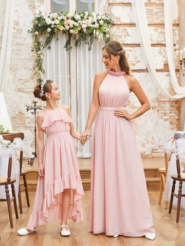 Elegant Romantic Pink Hanging Neck Standing Neck Wooden Ear Trimmed Top Pleated Bust Cup Waist Section High Waisted Skinny Large A Swing Wedding Event Vacation Dating Wedding Event Parent-Child Dresses Bridesmaid Dresses